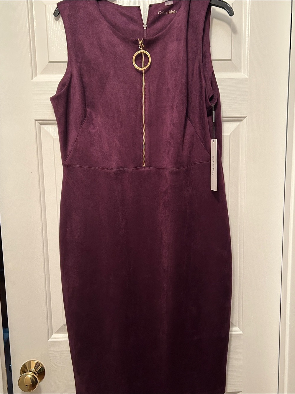 Calvin Klein Plum Midi Sheath Dress with Gold Ring Zip
